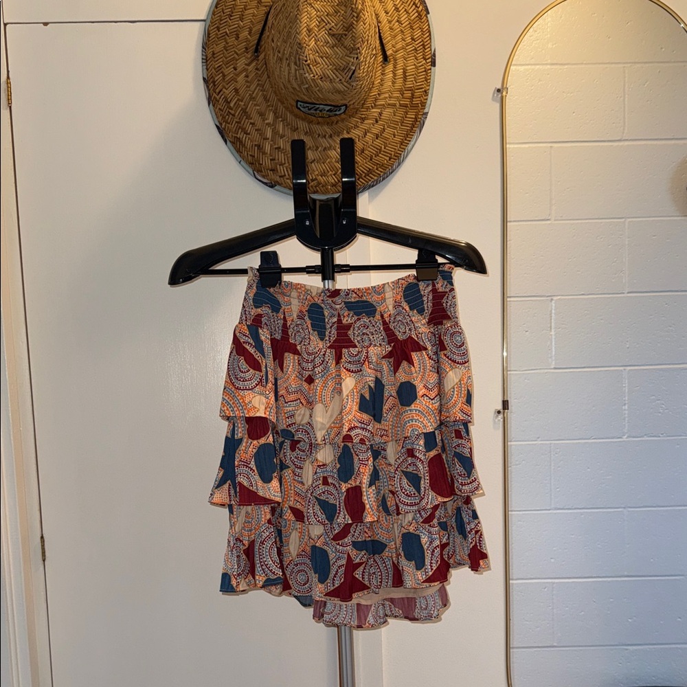 Tiered Printed Mini Skirt - Navy, Burgundy & Cream